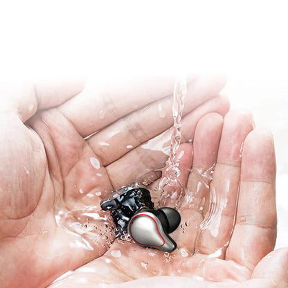 Black in-ear Bluetooth headset with silicone ear tips, showing bilateral design for stereo sound