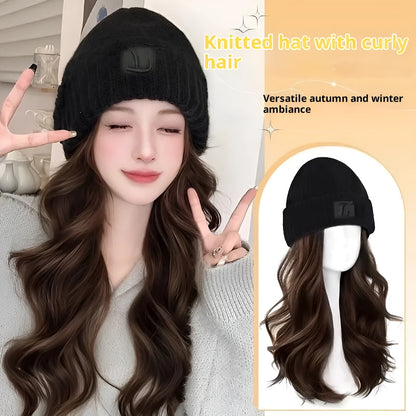 Hat wig with big wave curly hair in cold brown or brown black, full-head design for women, medium to long length