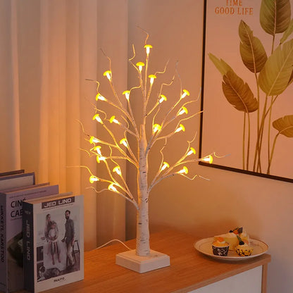 60cm tall birch tree lamp with 24 LED mushroom flowers, warm light illumination, USB and battery power options