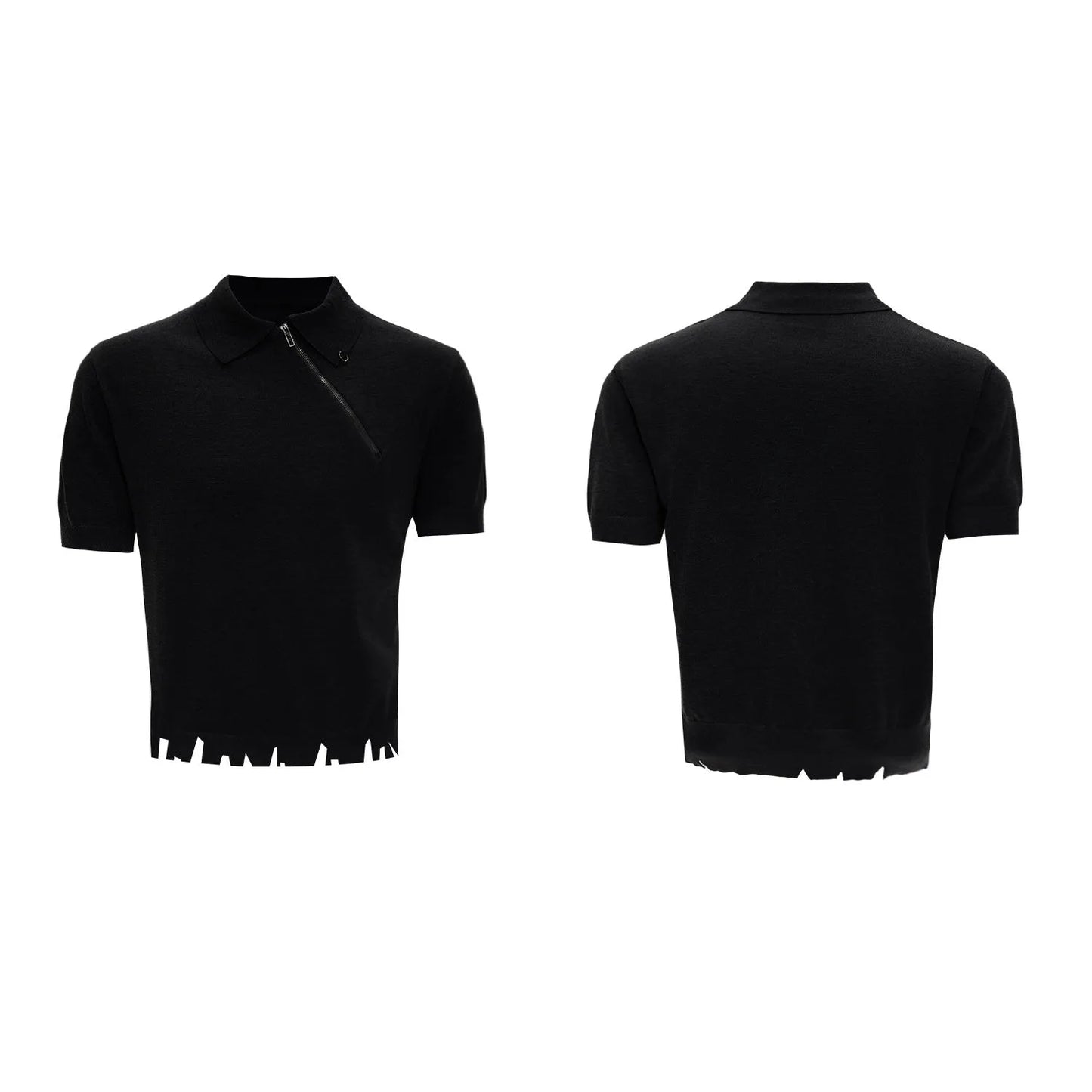 Men's slim-fit black knitted polo shirt with an oblique diagonal zipper and short sleeves.