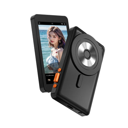 4-inch wireless selfie multi-monitoring device with magnetic mount, plastic body, black and white options.