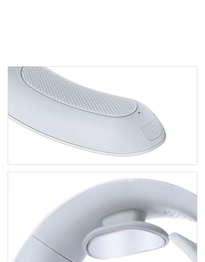 White electric acupressure massager with 142mm width showing control buttons for 3 massage modes and 15 intensity levels