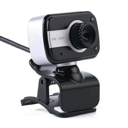 Blue, red, or white mini USB webcam on a stand with a 360-degree rotating head and manual focus adjustment.