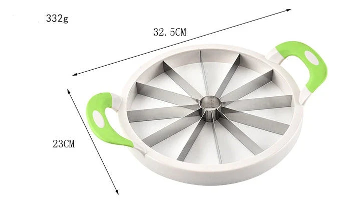 Premium stainless steel watermelon slicer with non-slip handles for easy, effortless cutting and slicing of watermelons up to 8.1 inches in diameter