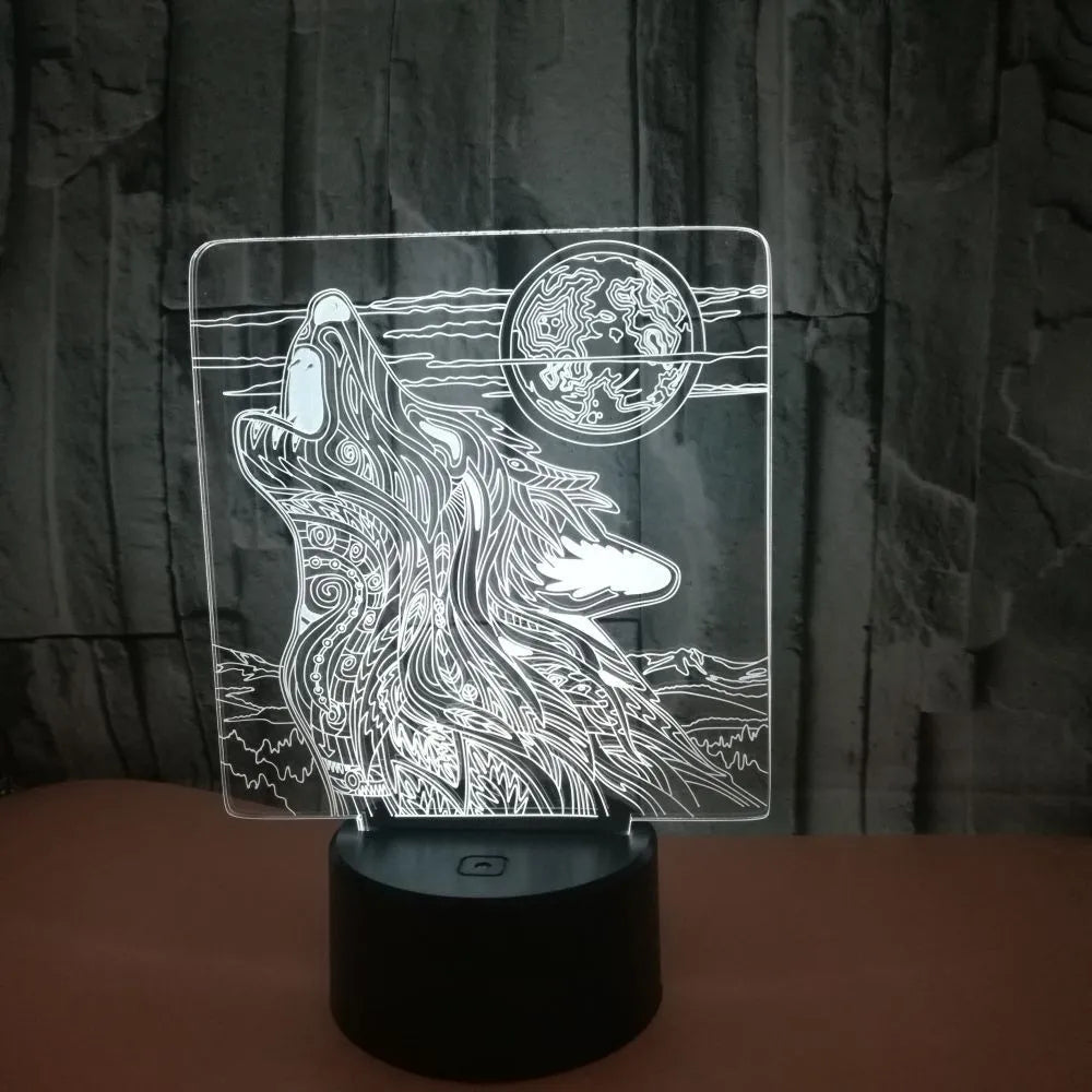 White square base LED desk lamp with colourful acrylic panel showing touch controls and remote.