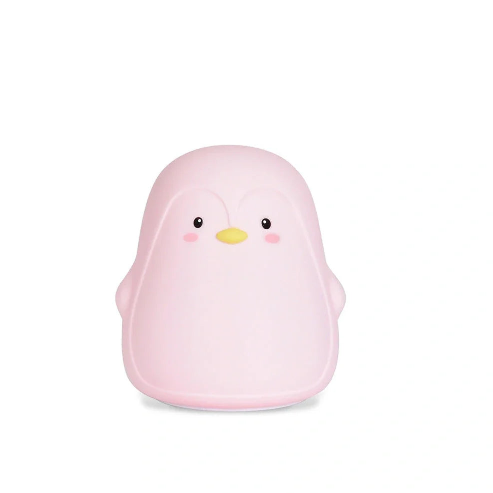Penguin-shaped night light with soft white LED illumination and USB charging port