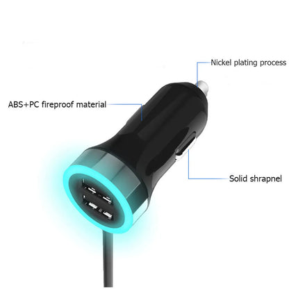 Black and white car rear seat charger with USB output, 12-24V input, and ABS PC body