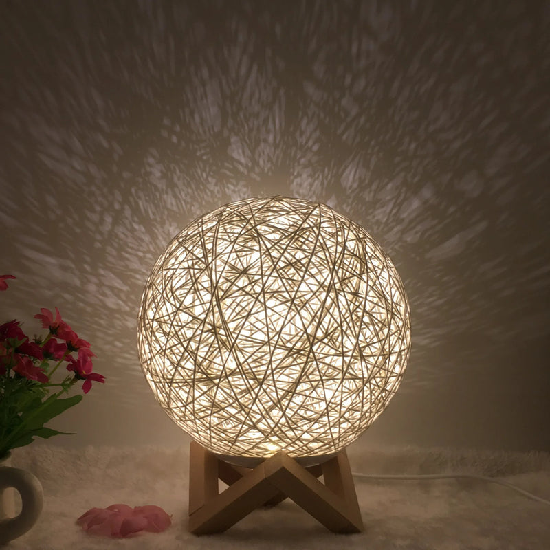 LED rattan table lamp with USB powered intelligent remote control in 16 colour RGB and warm white modes, creative linen shade ball lamp with dimmable brightness and energy-saving LED source for bedroom, study, or living room centrepiece decor