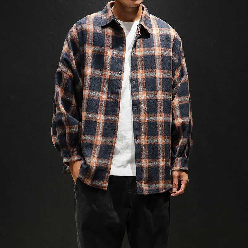 Men's plaid casual long sleeve shirt, cotton, loose fit, square collar, blue brown or grey, sizes L to 5XL