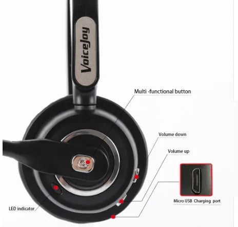 Over-ear Bluetooth headset with microphone for truck drivers and office use, shown with a USB charging cable.