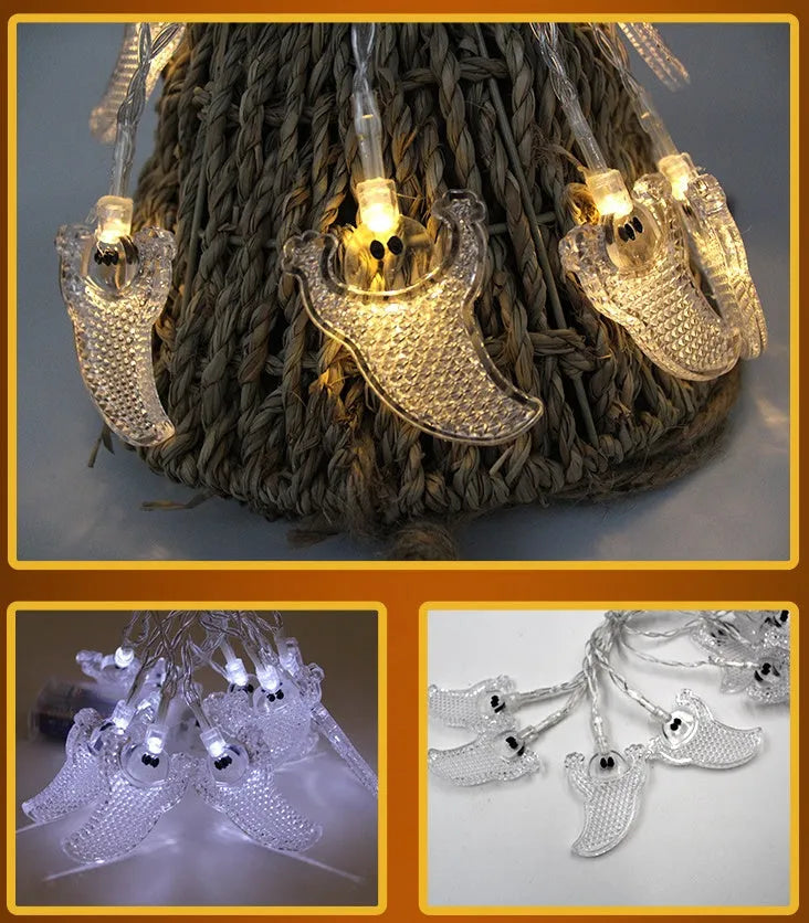 Halloween LED string lights with pumpkin, ghost and bat decorations on 1.2 metre battery-powered cord