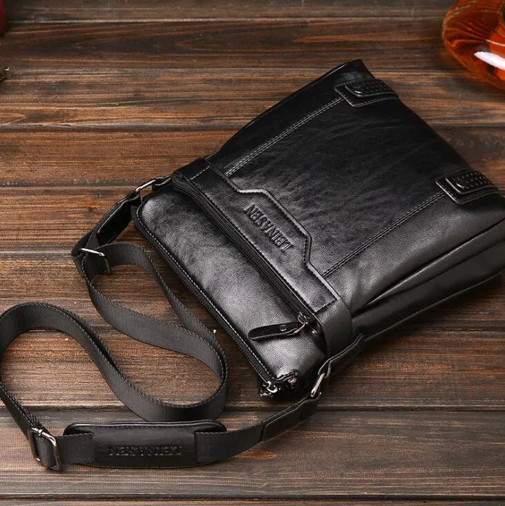 Men's soft messenger shoulder bag with zip closure and polyester lining in black, brown, or khaki