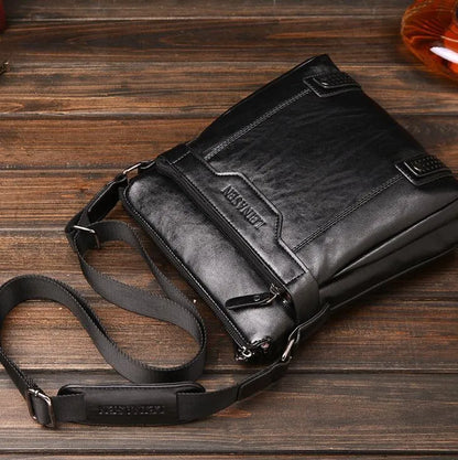 Men's soft messenger shoulder bag with zip closure and polyester lining in black, brown, or khaki