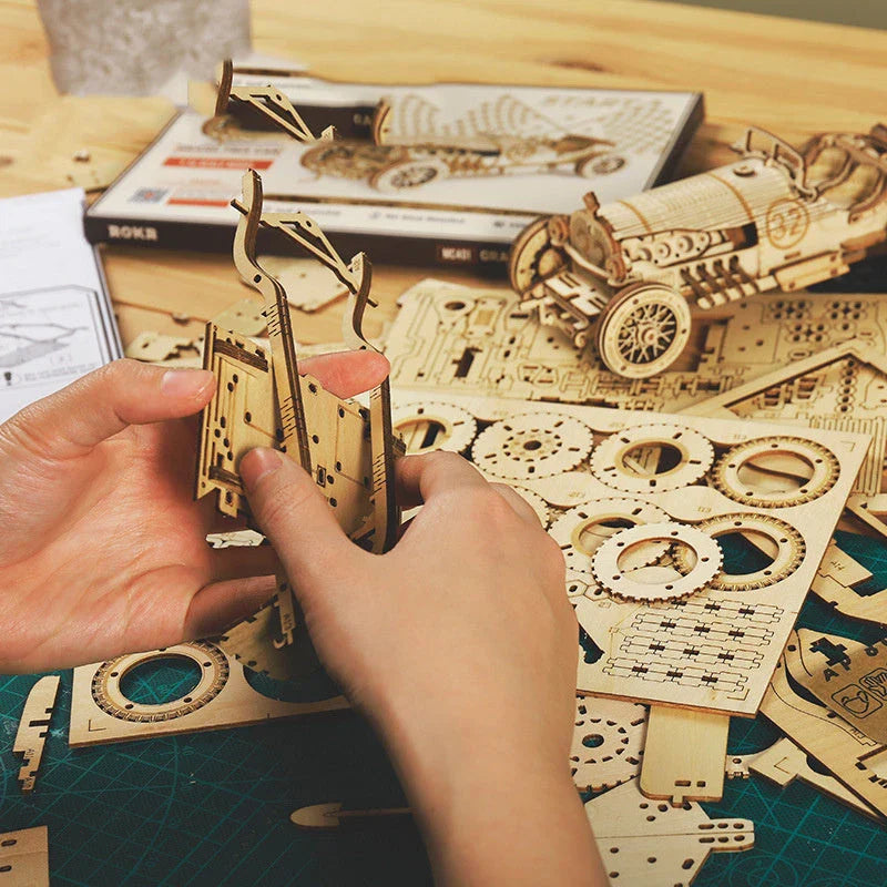 3D wooden train puzzle kit with 308 interlocking pieces for a rewarding DIY building experience
