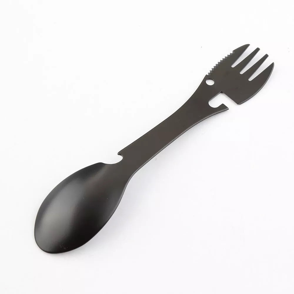 Stainless steel cutlery spoon with five functions: spoon, fork, knife, bottle opener, can opener