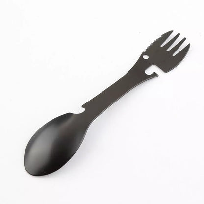 Stainless steel cutlery spoon with five functions: spoon, fork, knife, bottle opener, can opener