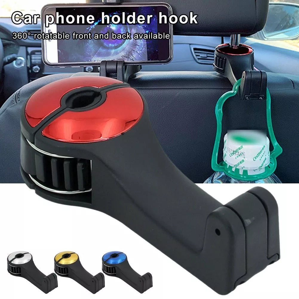 360° rotating car headrest hook phone holder in black, beige, red, or blue