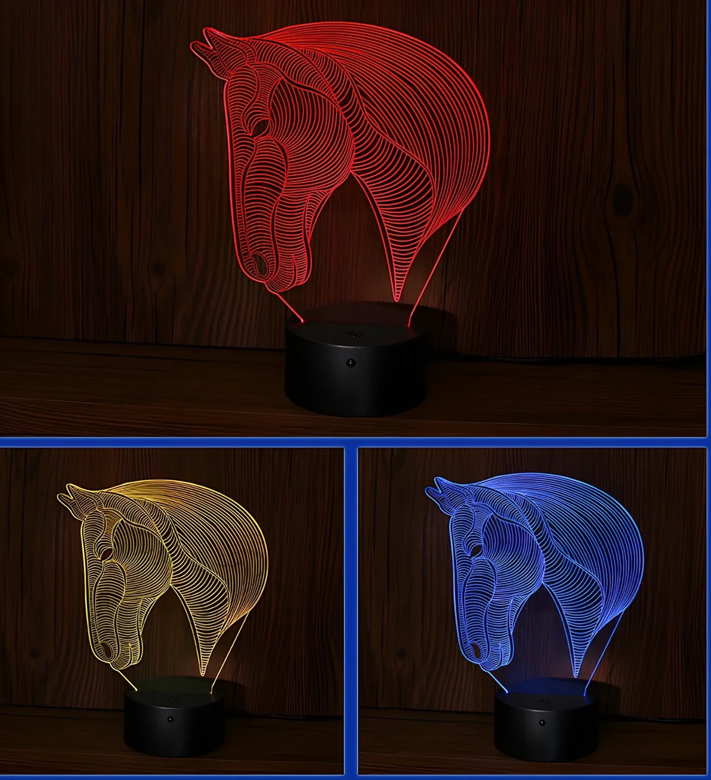 Horse head shaped LED night light with touch control showing multiple colour options