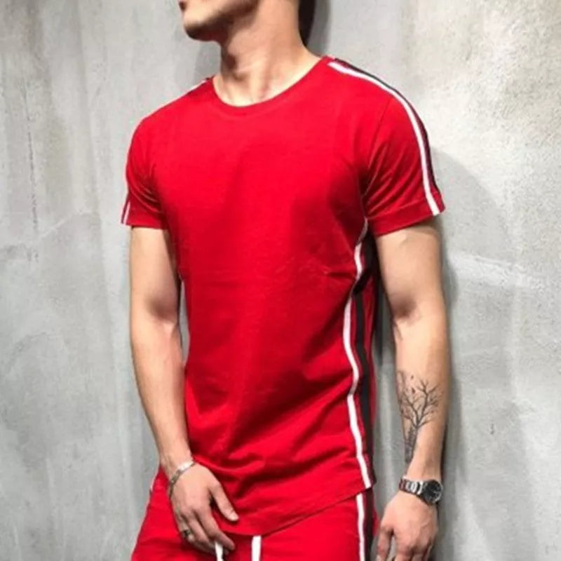 Paneled striped round neck short sleeve T-shirt in cotton blend for summer