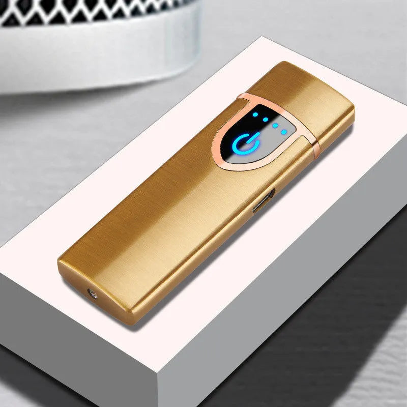 USB rechargeable double arc lighter in zinc alloy with ice noodle finish, 73x35x11mm, available in six colours