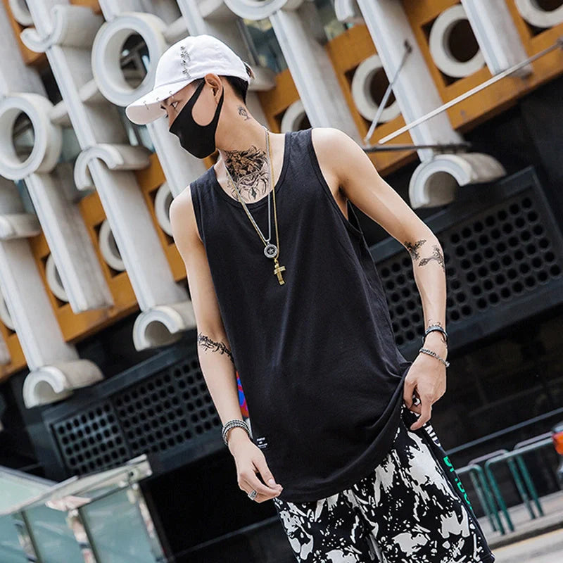 Men's cotton sleeveless scoop tank top with printed logo in various colors