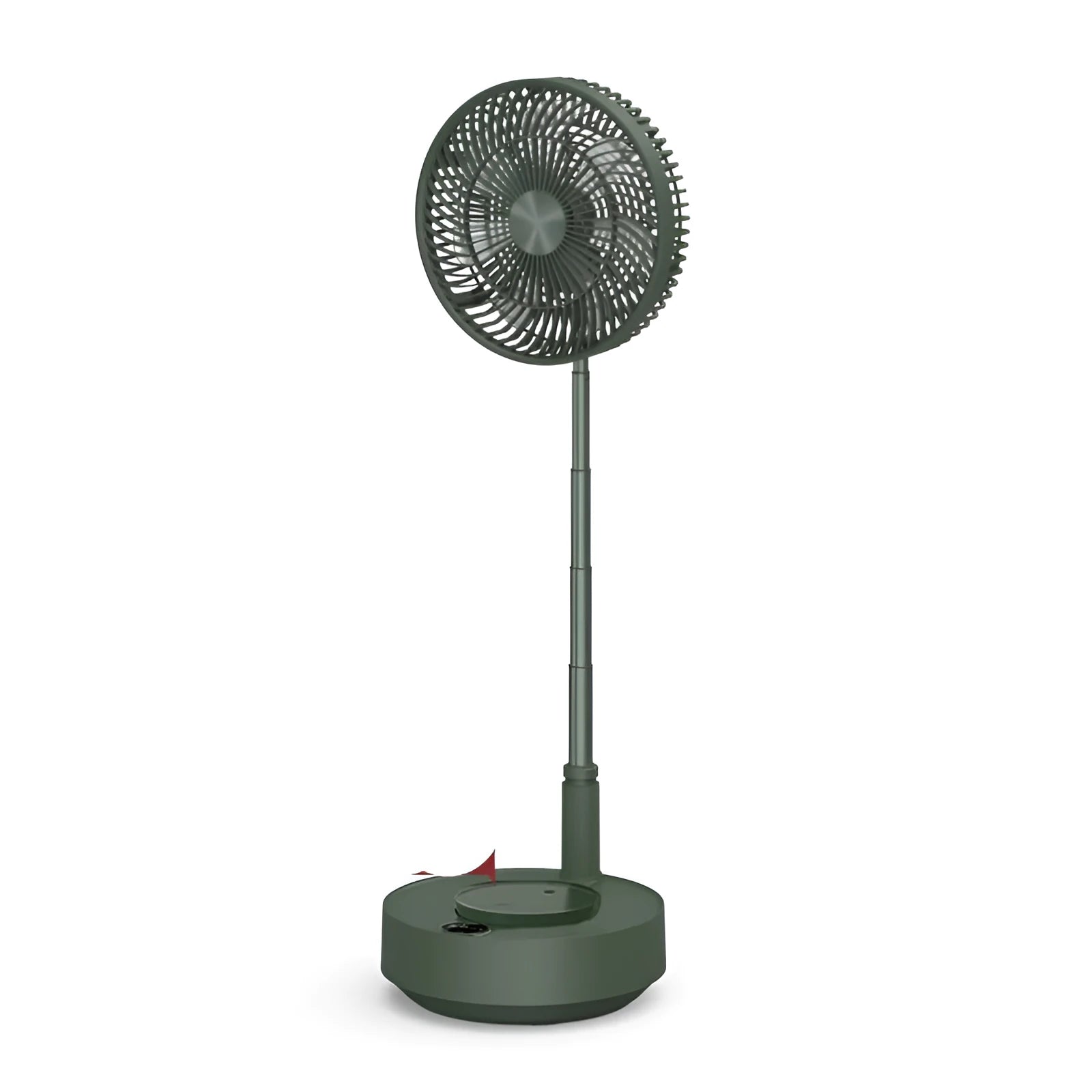 Green and white storage floor electric fan extended to vertical position with remote control