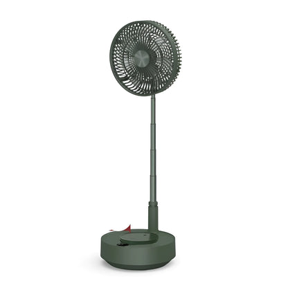 Green and white storage floor electric fan extended to vertical position with remote control