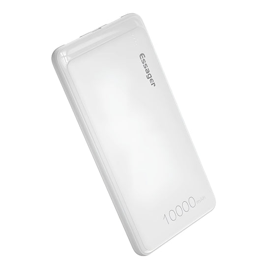 Essager Small Jane black and white 10000mAh portable power bank showing dual USB ports and LED indicators.
