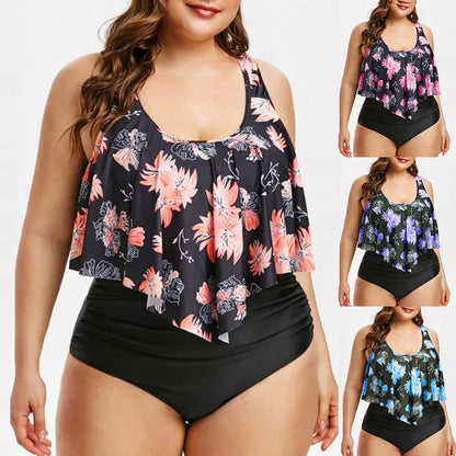 High waist lotus print swimsuit in vibrant colors, sizes XL to 5XL