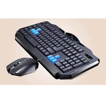 Black wireless keyboard and mouse combo set with USB receiver, ABS plastic, 12000 DPI optical mouse.
