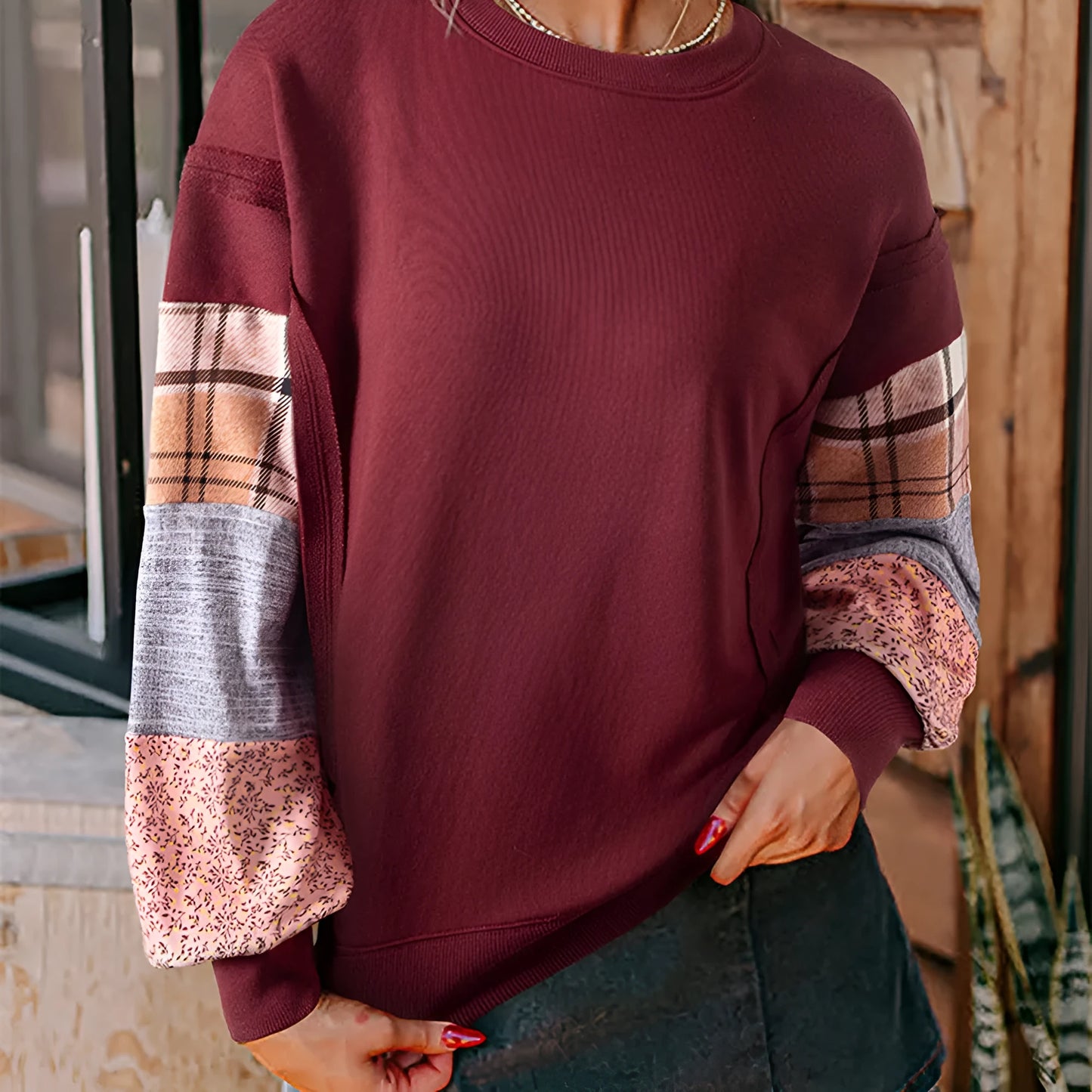 Women's plaid stitching long-sleeved polyester pullover top in loose fit beige and red colours