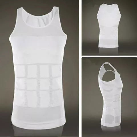 Men's body shaping vest in black or white, U-neck design, sizes M to XXL