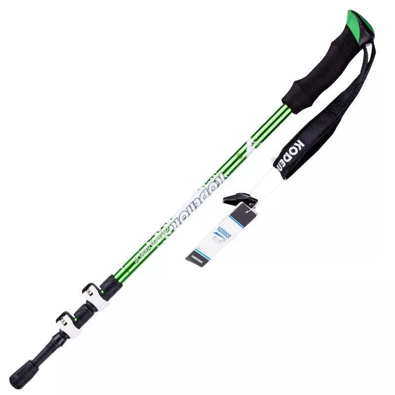 Adjustable aluminum alloy trekking pole in blue, green, or gold for hiking support