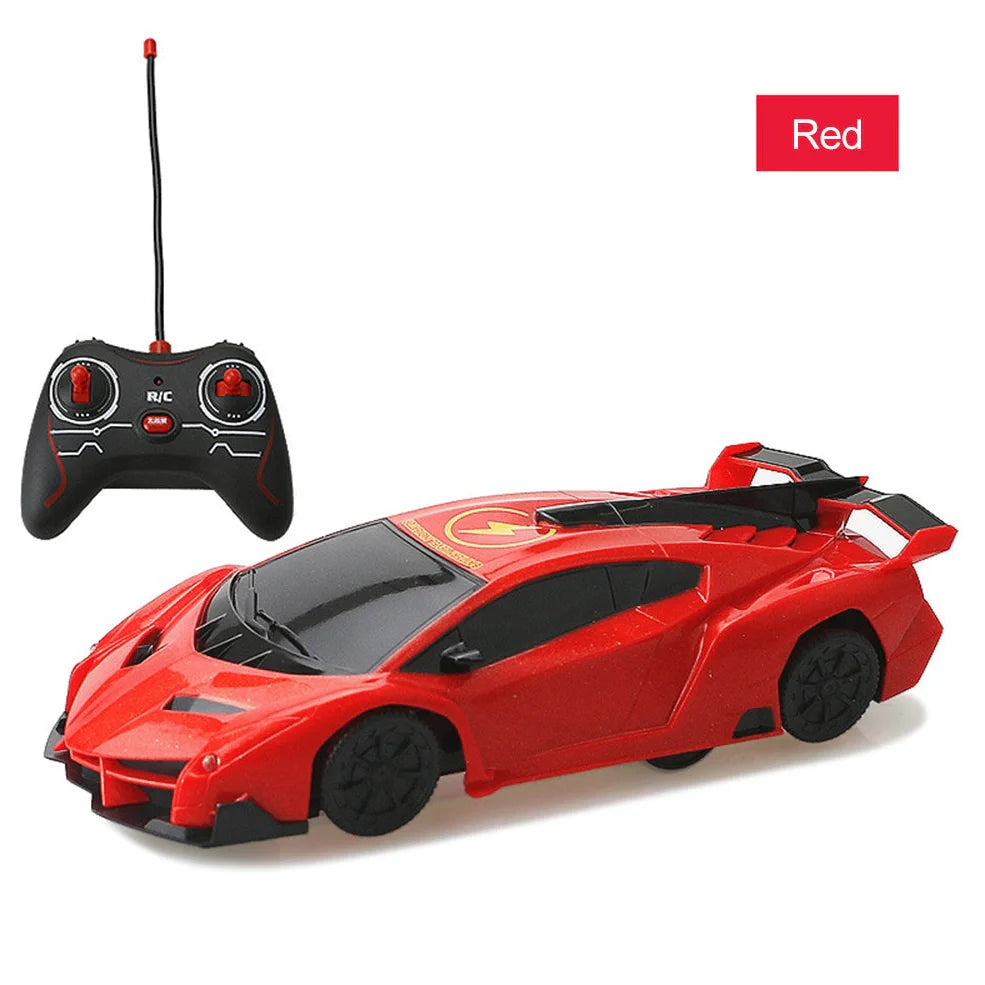 Red remote-controlled car climbing wall with industrial fan system and wireless controller