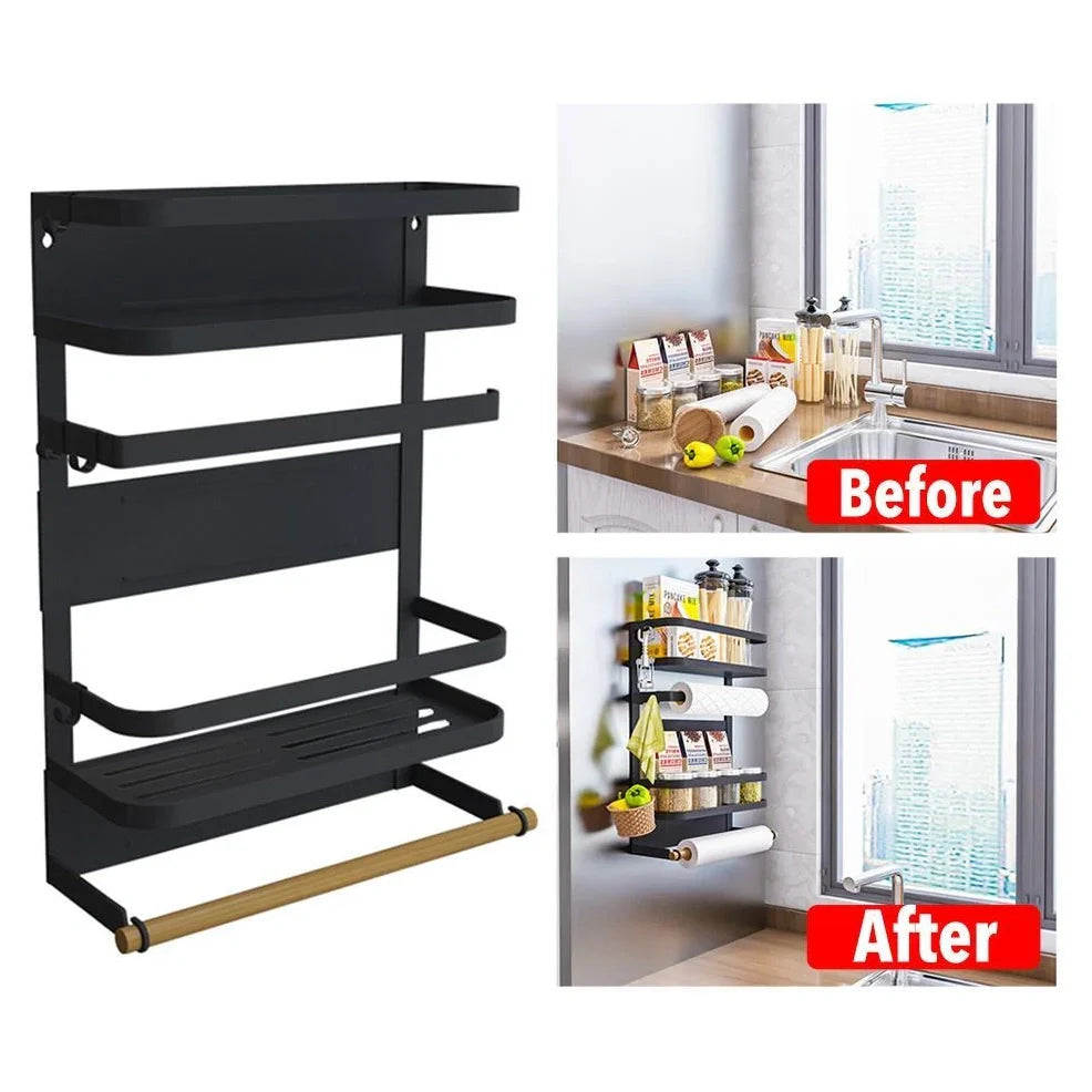 Black magnetic shelf mounted on refrigerator with spices and condiments organised neatly
