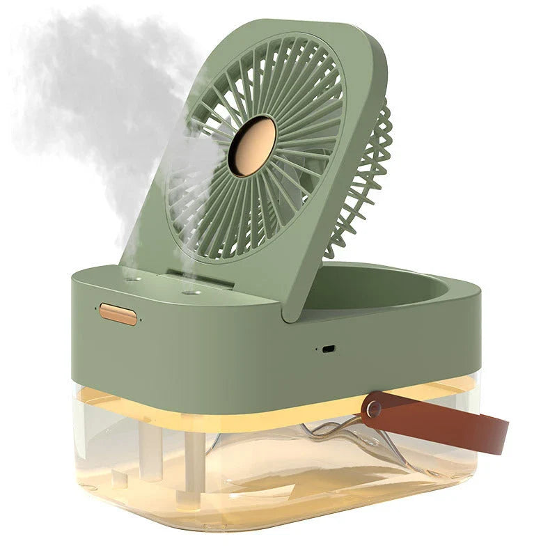 Dual-function cooling and humidifying fan with night light, featuring a sleek design, remote control, and adjustable settings for maximum comfort and relaxation.