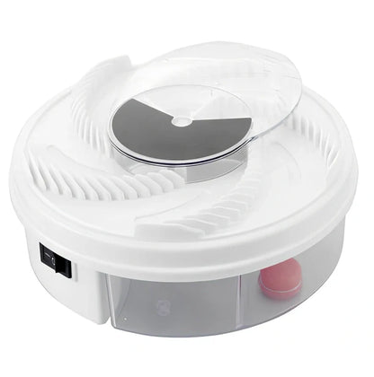 USB electric fly trap in white with blue accents, showing five bait grooves and rotating capture plate for insect control