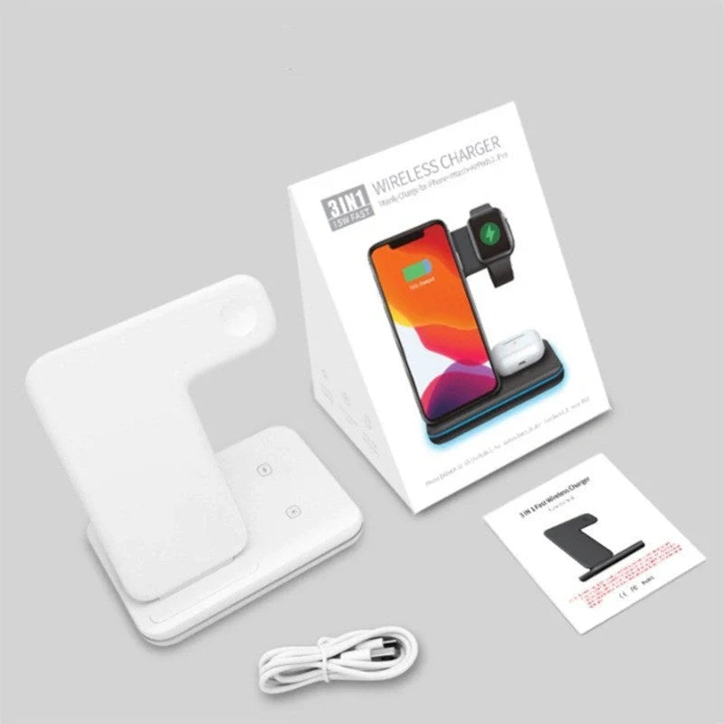 3-in-1 wireless charger for phone, watch, and headset in black and white