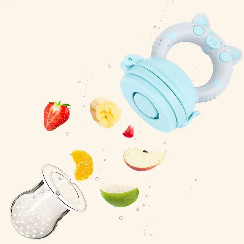 Blue, green, and pink silicone baby teethers with textured surfaces for chewing.