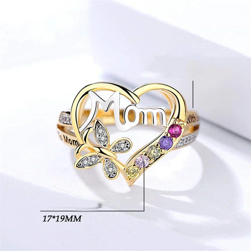 Elegant gold-plated heart-shaped ring with multi-colored rhinestone embellishments, a thoughtful Mother's Day gift