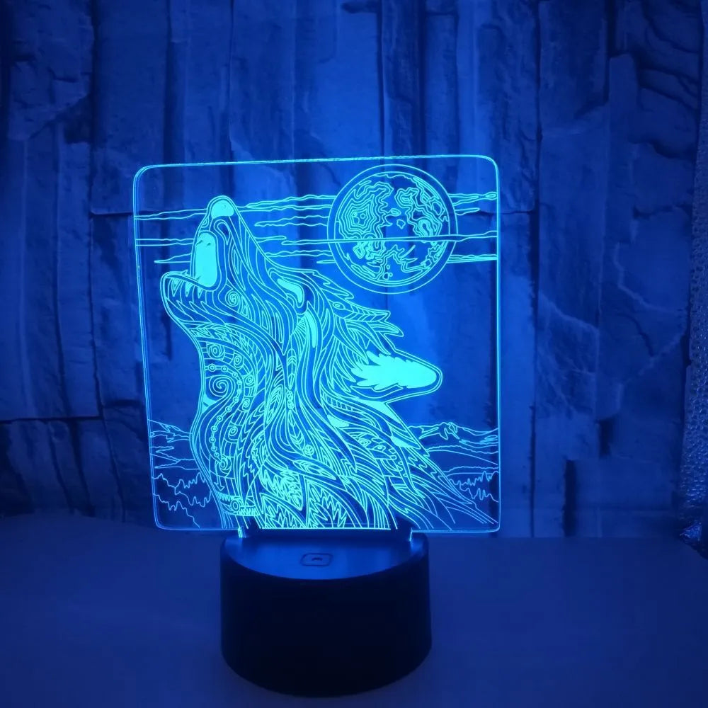 White square base LED desk lamp with colourful acrylic panel showing touch controls and remote.