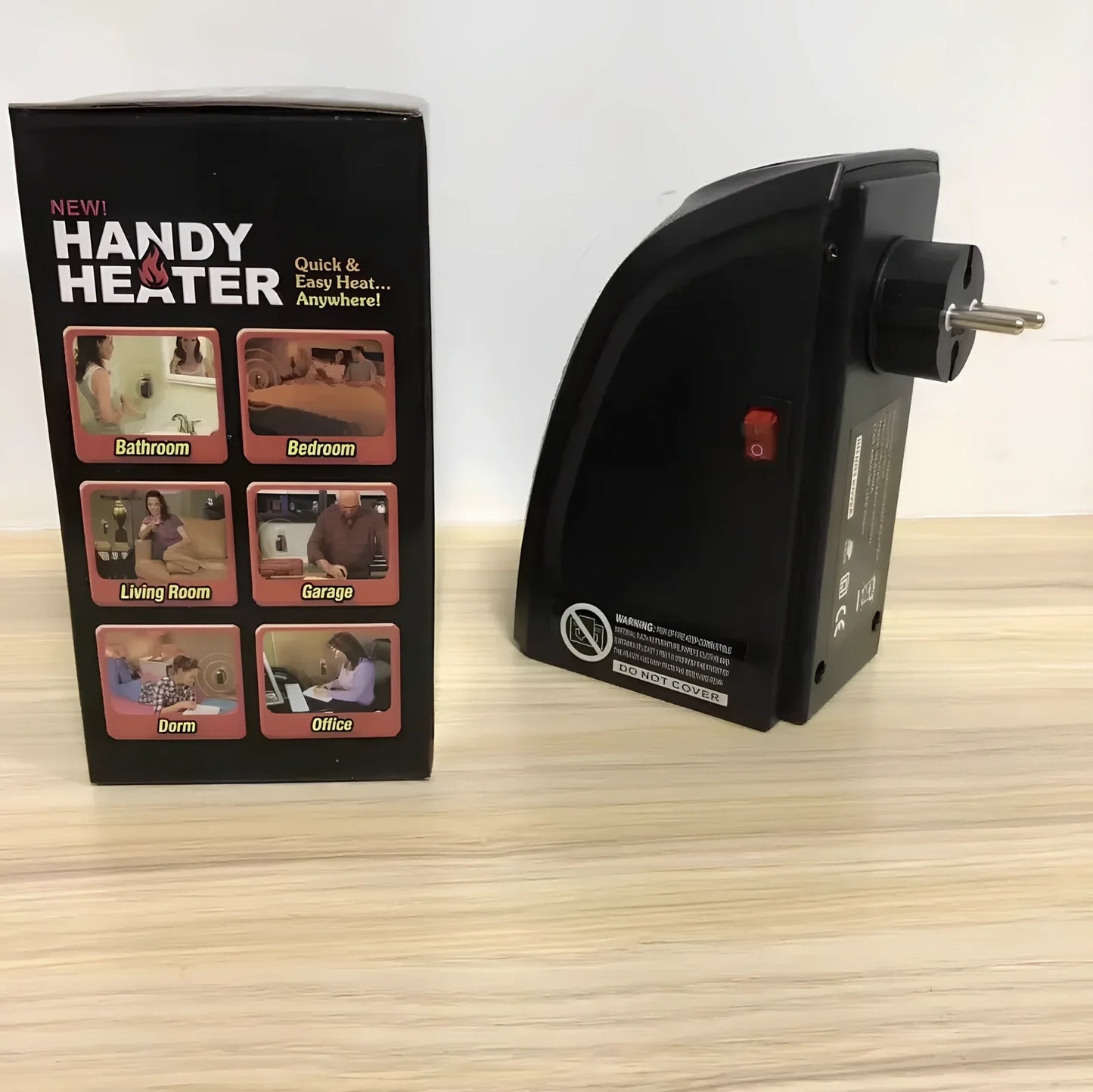 Compact white electric wall heater showing control buttons and ceramic heating element