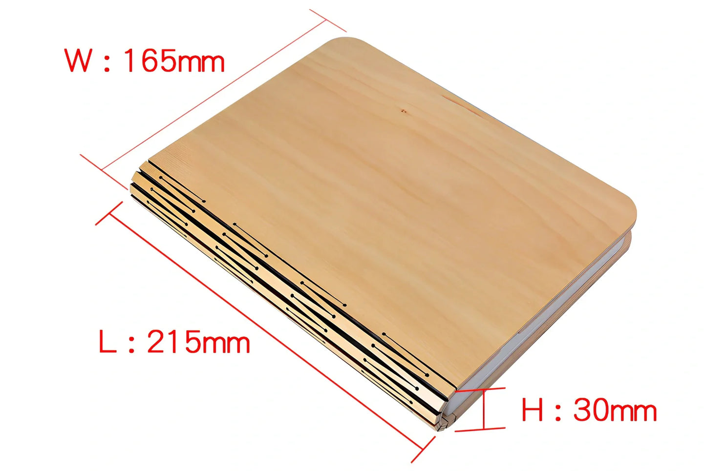 LED book lamp with wooden cover open at angle showing illuminated pages and USB cable