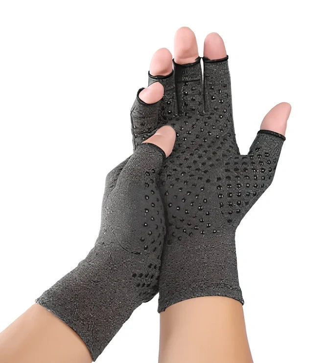 Breathable half-finger compression gloves showing exposed fingertips and adhesive grey section for joint support