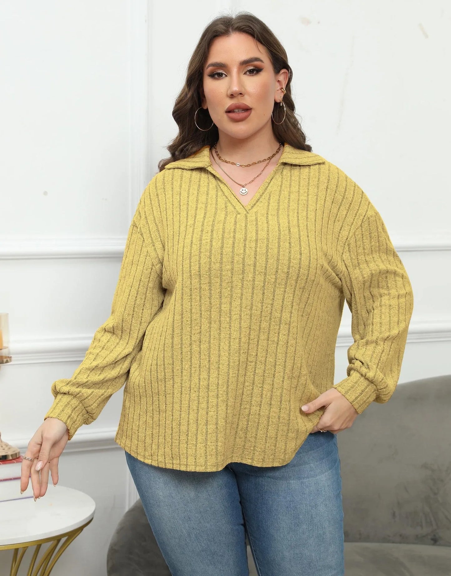 Women's plus size polo collar shirt in melange gray with lantern sleeves and street fashion Gothic style