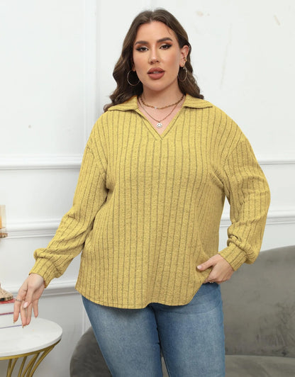 Women's plus size polo collar shirt in melange gray with lantern sleeves and street fashion Gothic style