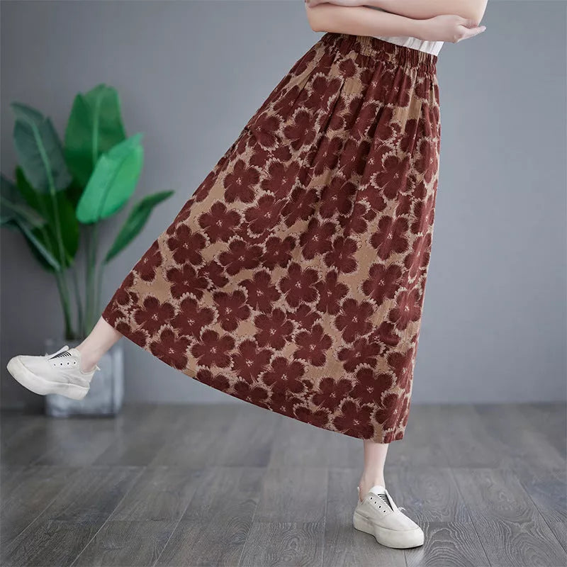 Cotton and linen loose skirt in wine red and dark green, retro style