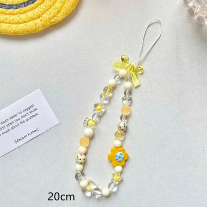 Beaded flower mobile phone lanyard with blue resin flowers on adjustable 120cm cord and secure clasp