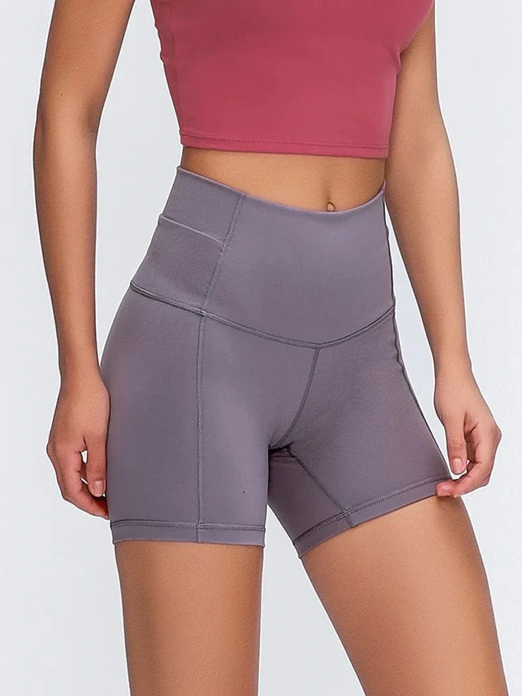 Women's high-waisted nylon fitness shorts with hip-lifting design in six colours for yoga and dance