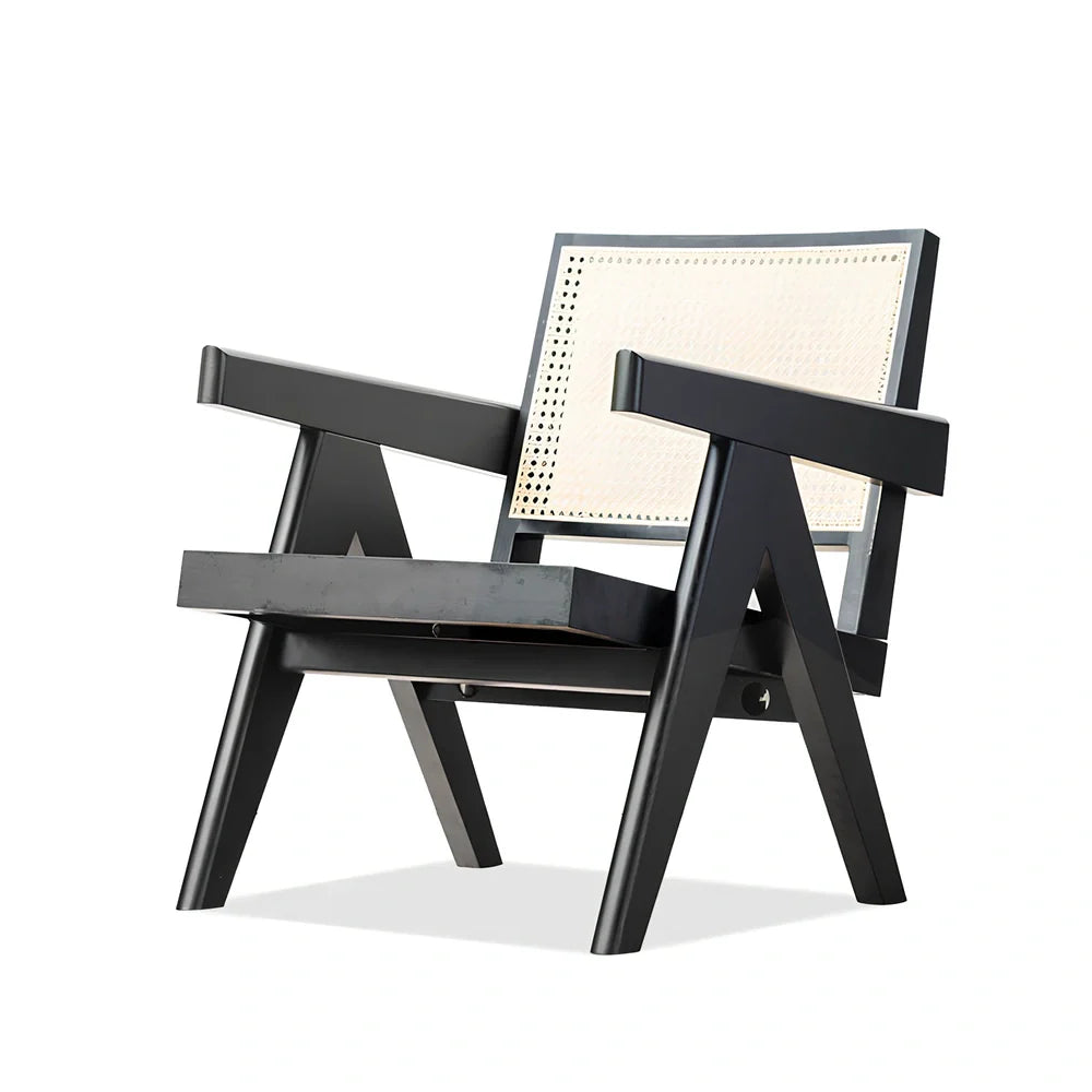 Solid wood rattan leisure chair with medieval design in ash black finish showing dimensions